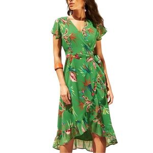 New York & Company Green Tropical Floral Wrap Dress